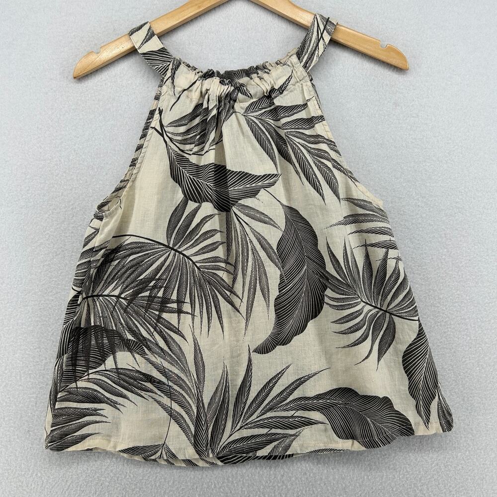 TAHARI Top S 100% Linen Tropical Palm Leaves Print Sleeveless Halter Off White